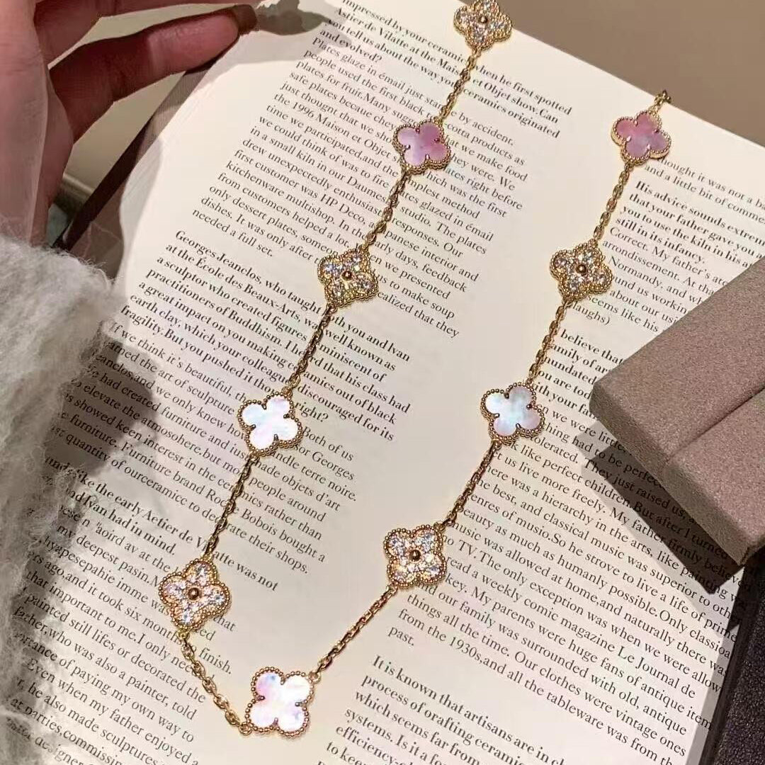 [baslovejewels]CLOVER 10 MOTIFS DIAMOND PINK MOP NECKLACE
