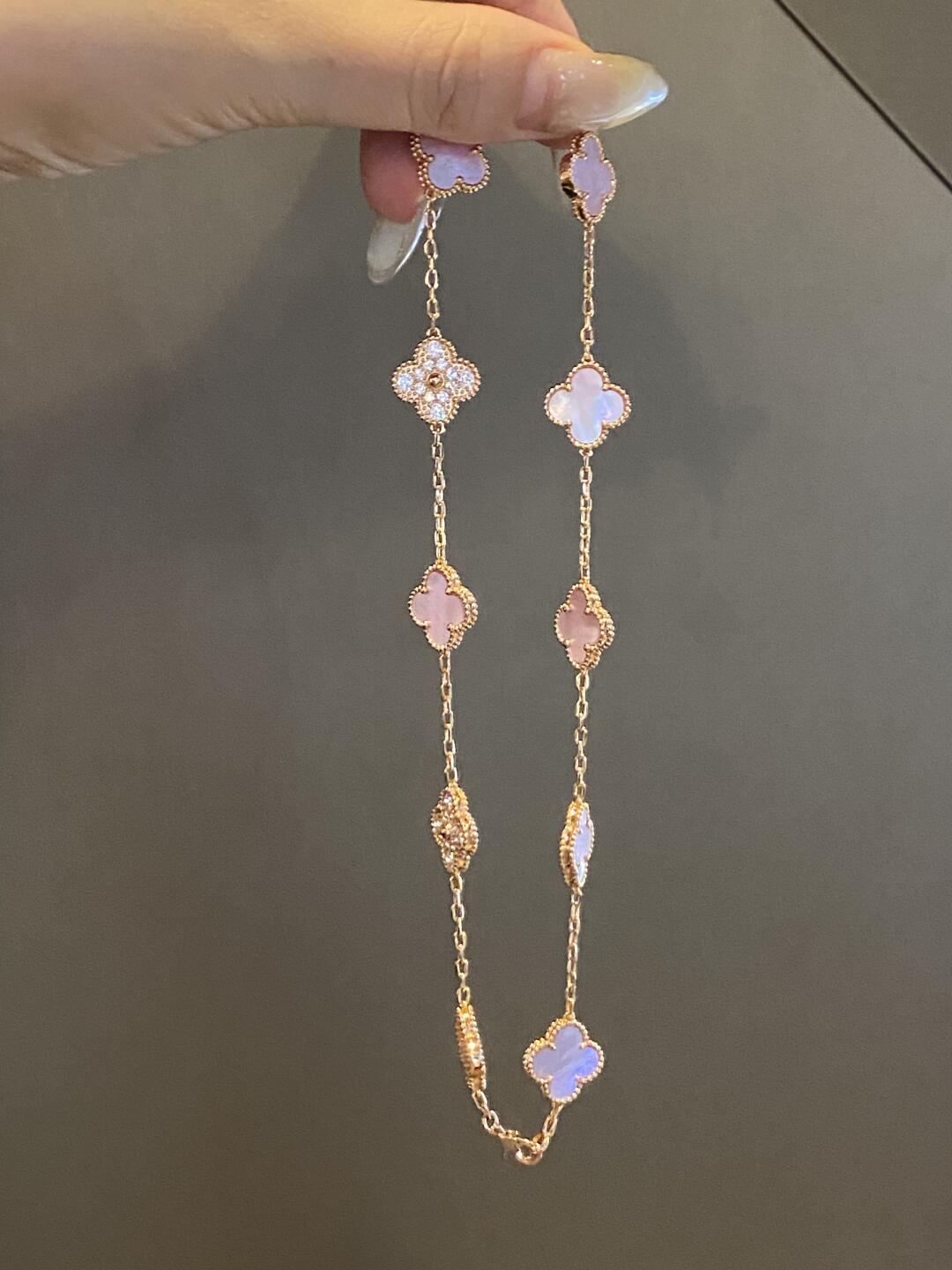 [baslovejewels]CLOVER 10 MOTIFS DIAMOND PINK MOP NECKLACE