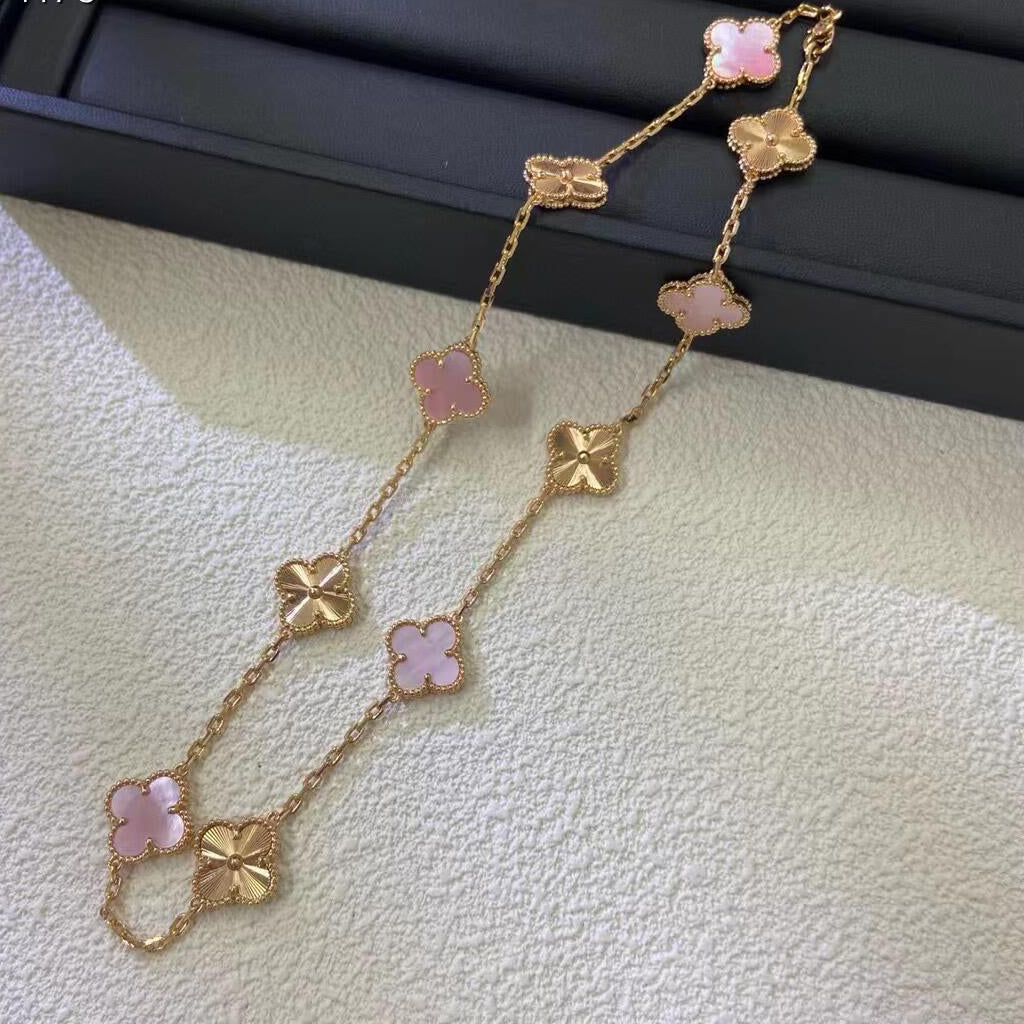 [baslovejewels]CLOVER 10 MOTIFS  LASER PINK MOP NECKLACE