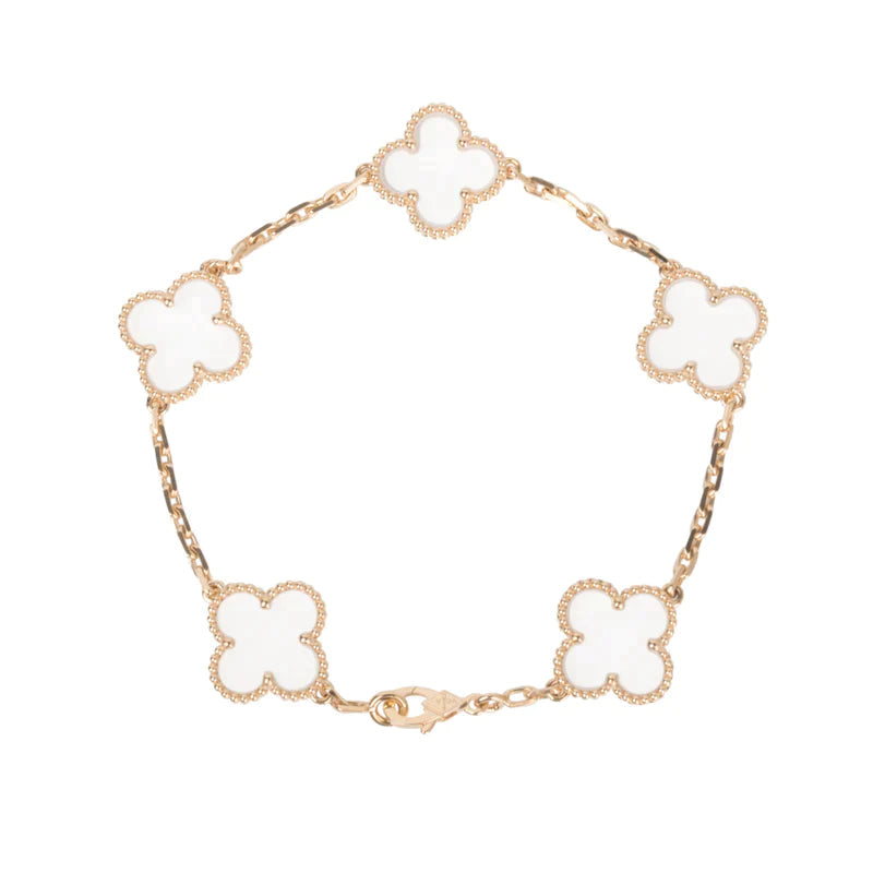 [baslovejewels]CLOVER 5 MOTIF ROCK CRYSTAL PINK GOLD BRACELET