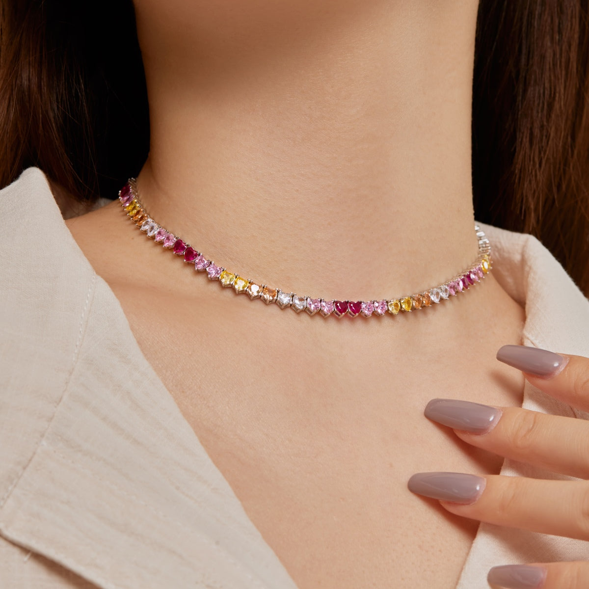 [baslovejewels]Sparkling Colorful Full Heart Tennis Necklace