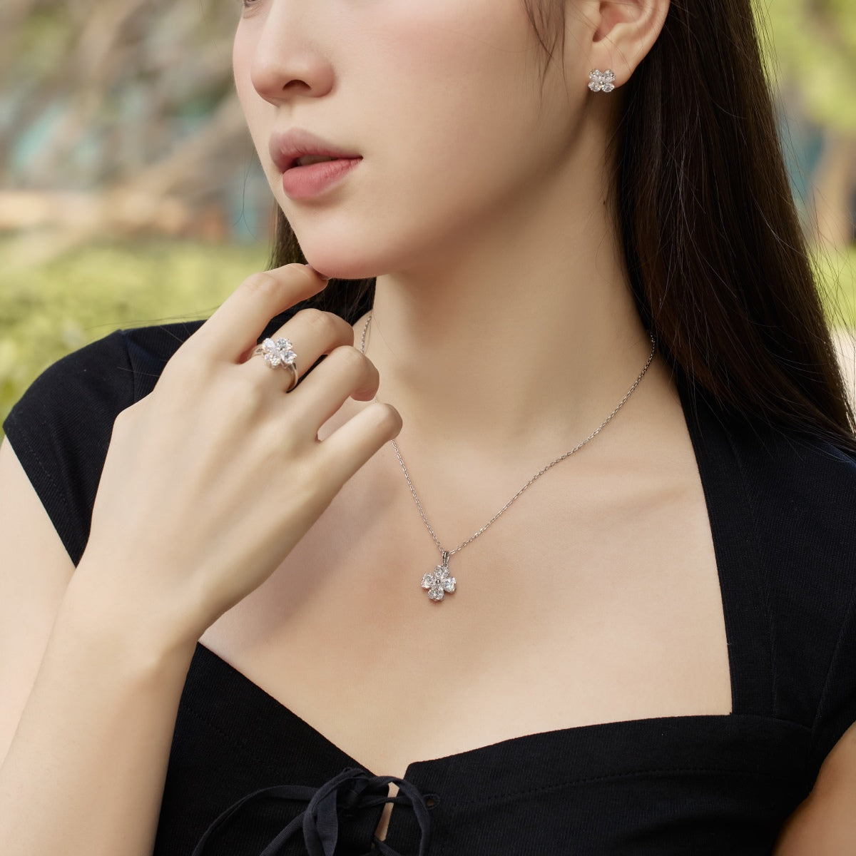 [baslovejewels]Heart-shaped Four-Leaf Clover Ball Ring