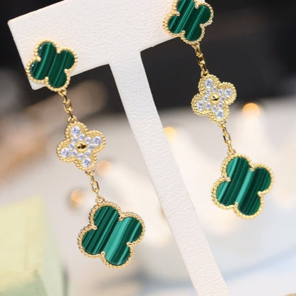 [Basjewels]CLOVER EARRINGS GOLD MALACHITE DIAMOND 3 MOTIF