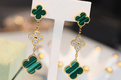 [Basjewels]CLOVER EARRINGS GOLD MALACHITE DIAMOND 3 MOTIF