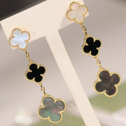 [Basjewels]CLOVER EARRINGS GOLD ONYX MOP 3 MOTIF