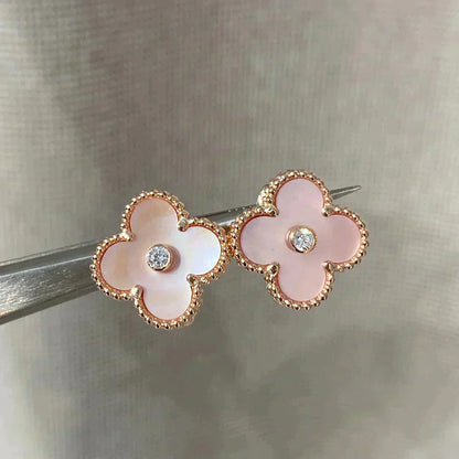 [Basjewels]CLOVER MEDIUM 1 MOTIFS  PINK MOP DIAMOND EARRINGS