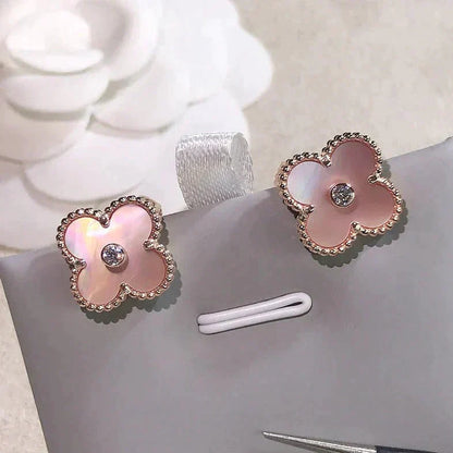 [Basjewels]CLOVER MEDIUM 1 MOTIFS  PINK MOP DIAMOND EARRINGS