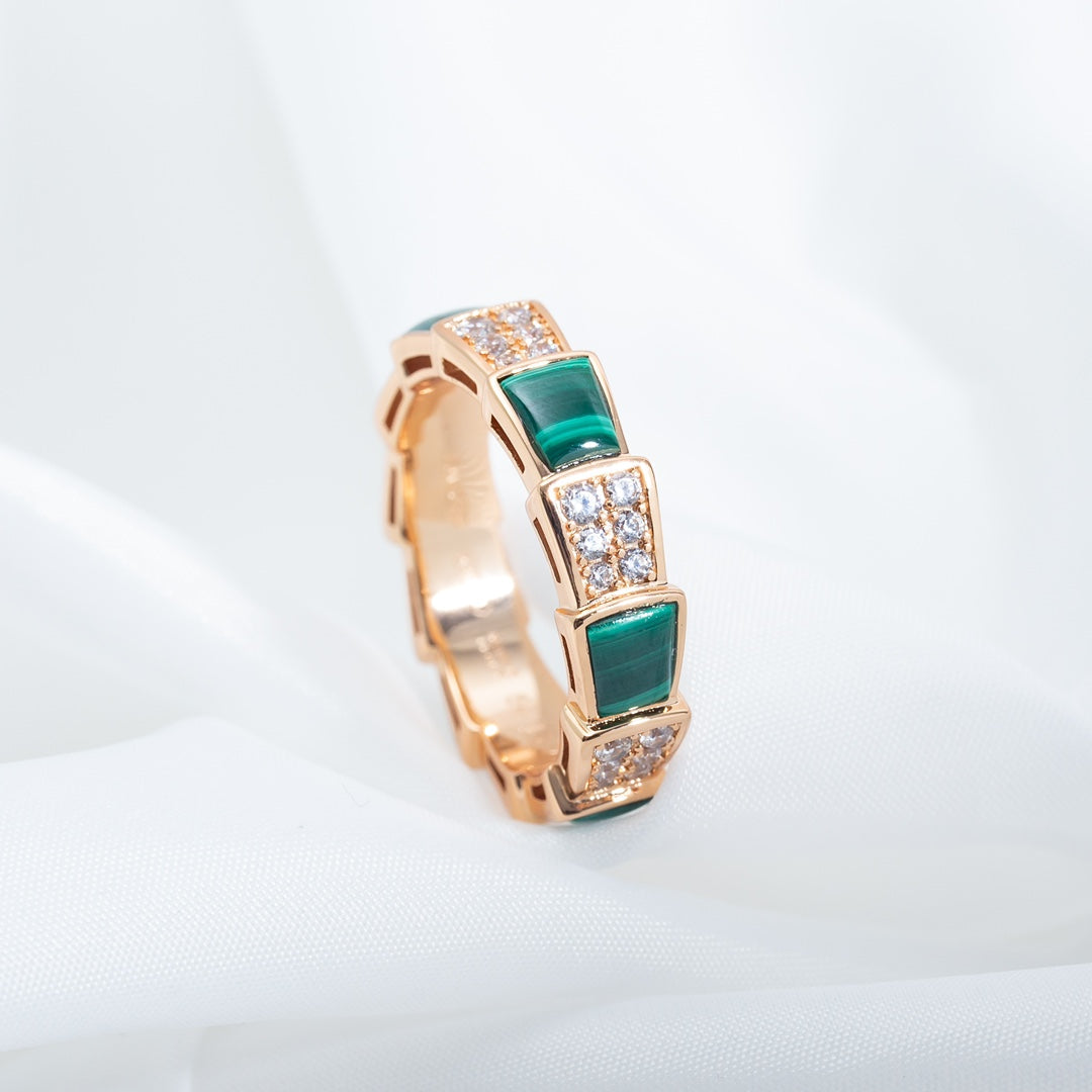 [Basjewels]SERPENTI RING PINK GOLD MALACHITE DIAMOND PAVED 4MM