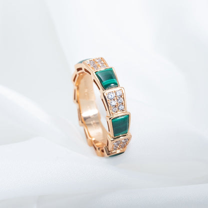 [Basjewels]SERPENTI RING PINK GOLD MALACHITE DIAMOND PAVED 4MM