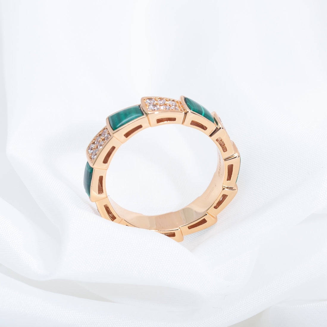 [Basjewels]SERPENTI RING PINK GOLD MALACHITE DIAMOND PAVED 4MM