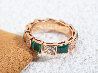 [Basjewels]SERPENTI RING PINK GOLD MALACHITE DIAMOND PAVED 4MM