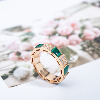 [Basjewels]SERPENTI RING PINK GOLD MALACHITE DIAMOND PAVED 4MM