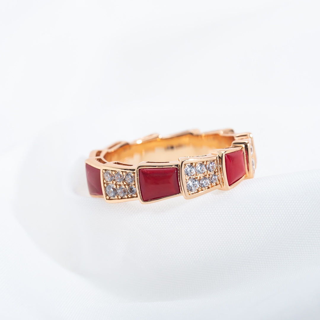 [Basjewels]SERPENTI RING PINK GOLD CARNELIAN DIAMOND PAVED 4MM