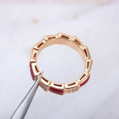 [Basjewels]SERPENTI RING PINK GOLD CARNELIAN DIAMOND PAVED 4MM