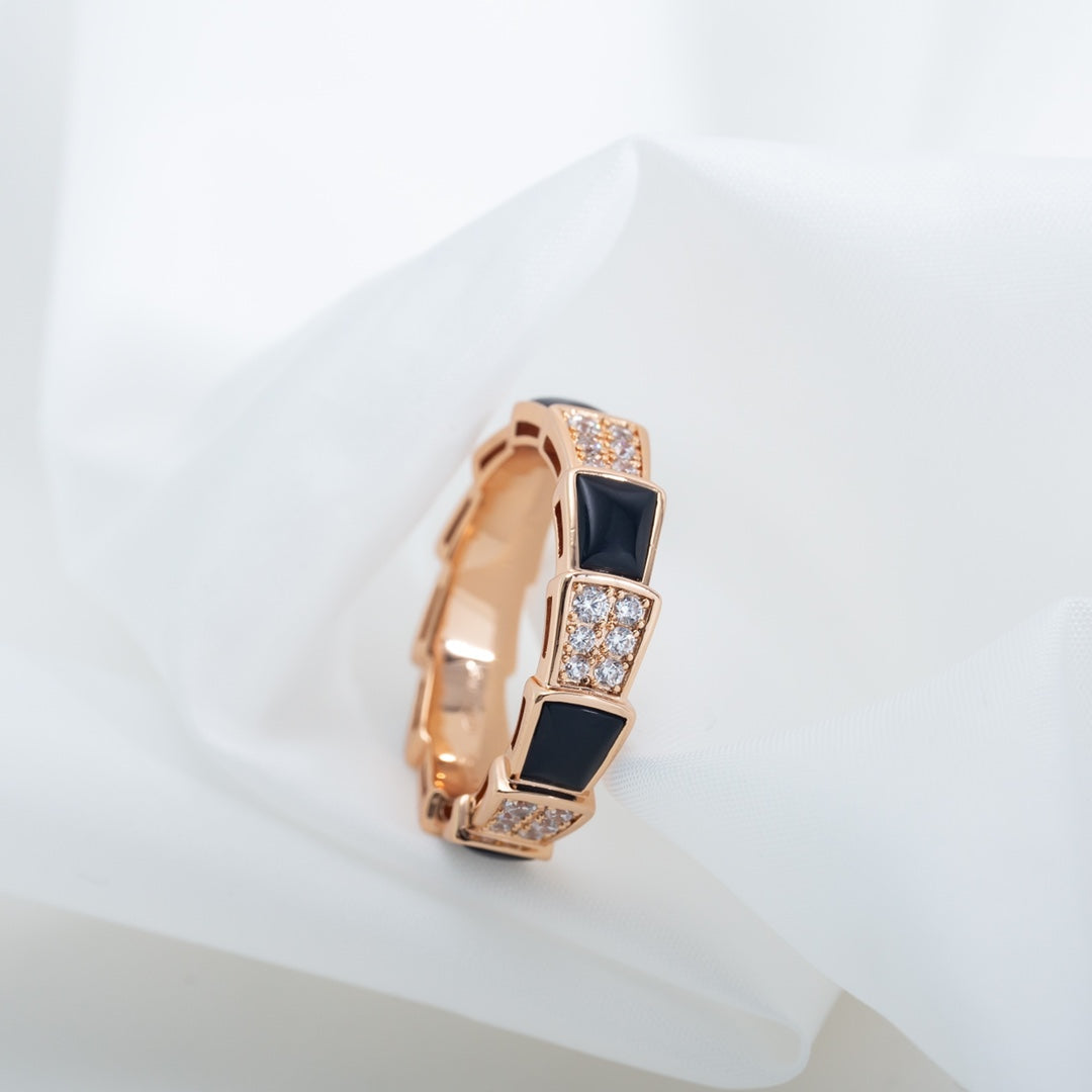 [Basjewels]SERPENTI RING PINK GOLD BLACK MOP DIAMOND PAVED 4MM