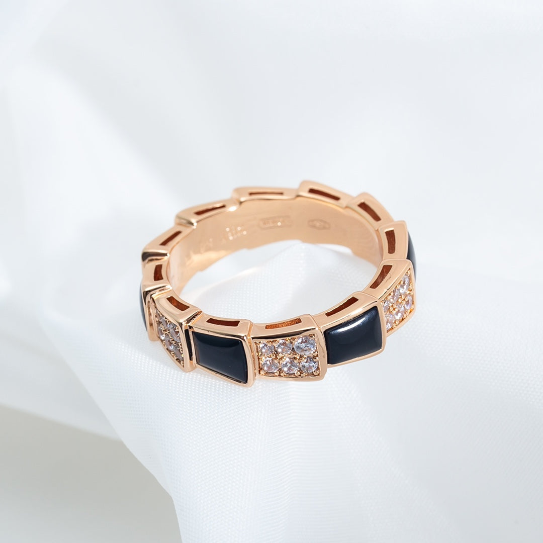 [Basjewels]SERPENTI RING PINK GOLD BLACK MOP DIAMOND PAVED 4MM