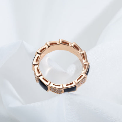 [Basjewels]SERPENTI RING PINK GOLD BLACK MOP DIAMOND PAVED 4MM