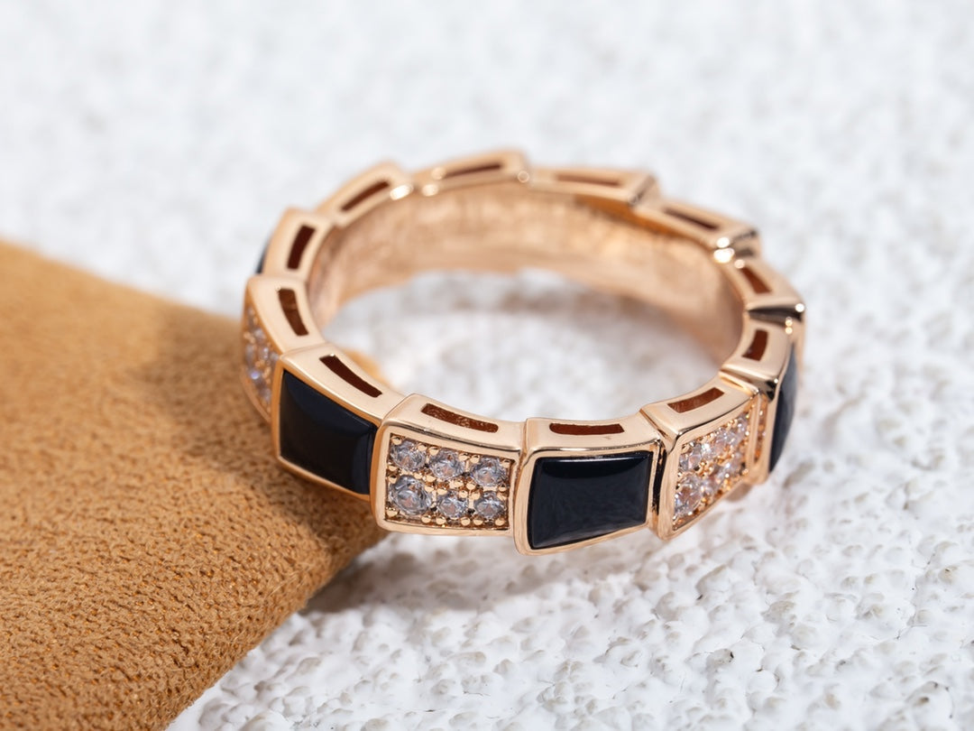 [Basjewels]SERPENTI RING PINK GOLD BLACK MOP DIAMOND PAVED 4MM