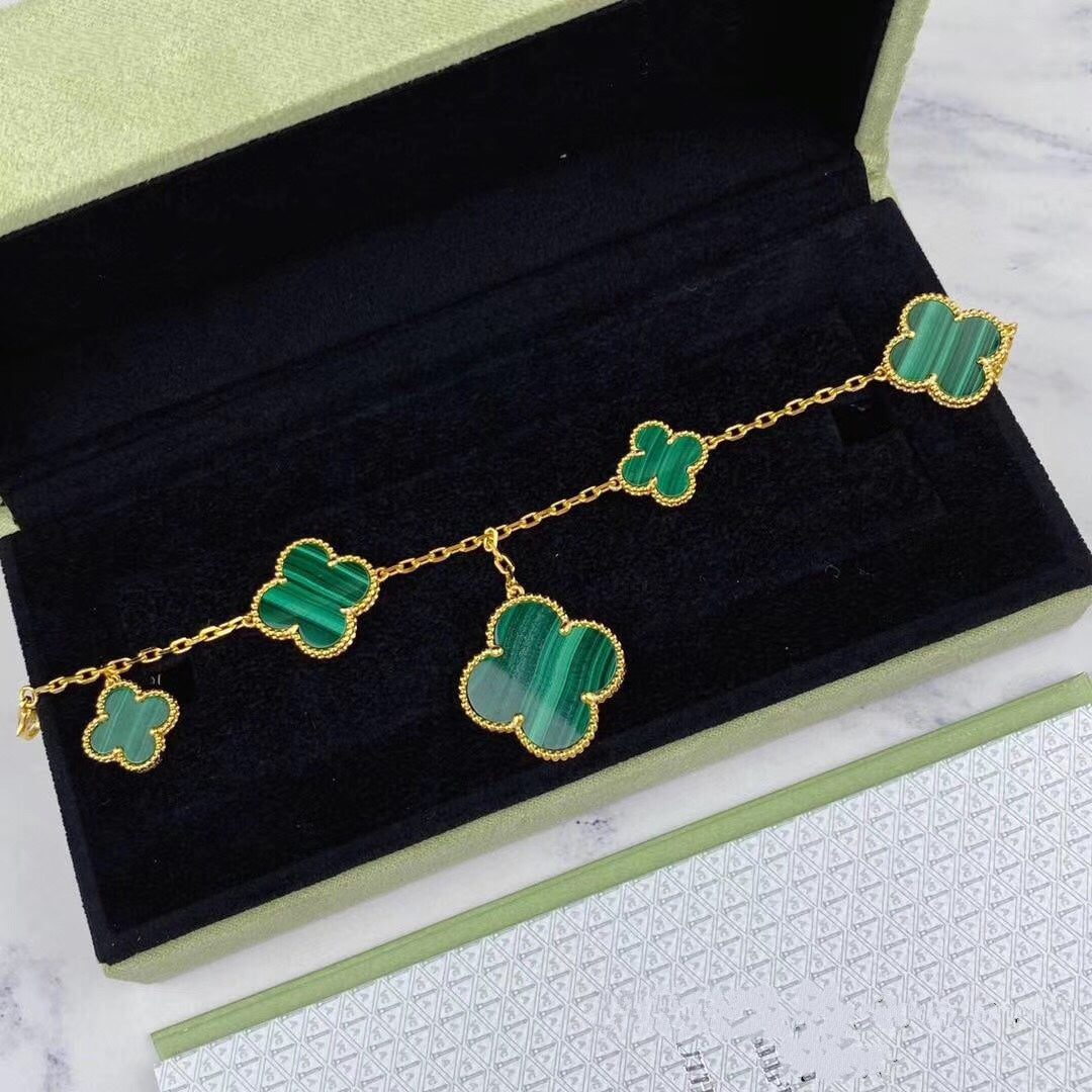 [Basjewels]MAGIC CLOVER MALACHITE GOLD BRACELET 5 MOTIFS