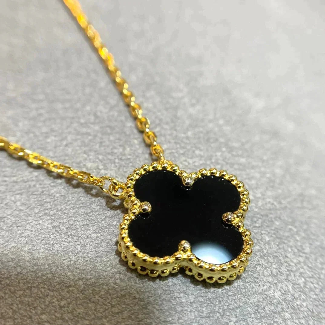 [Basjewels]CLOVER 15MM BLACK ONYX SINGLE FLOWER NECKLACE