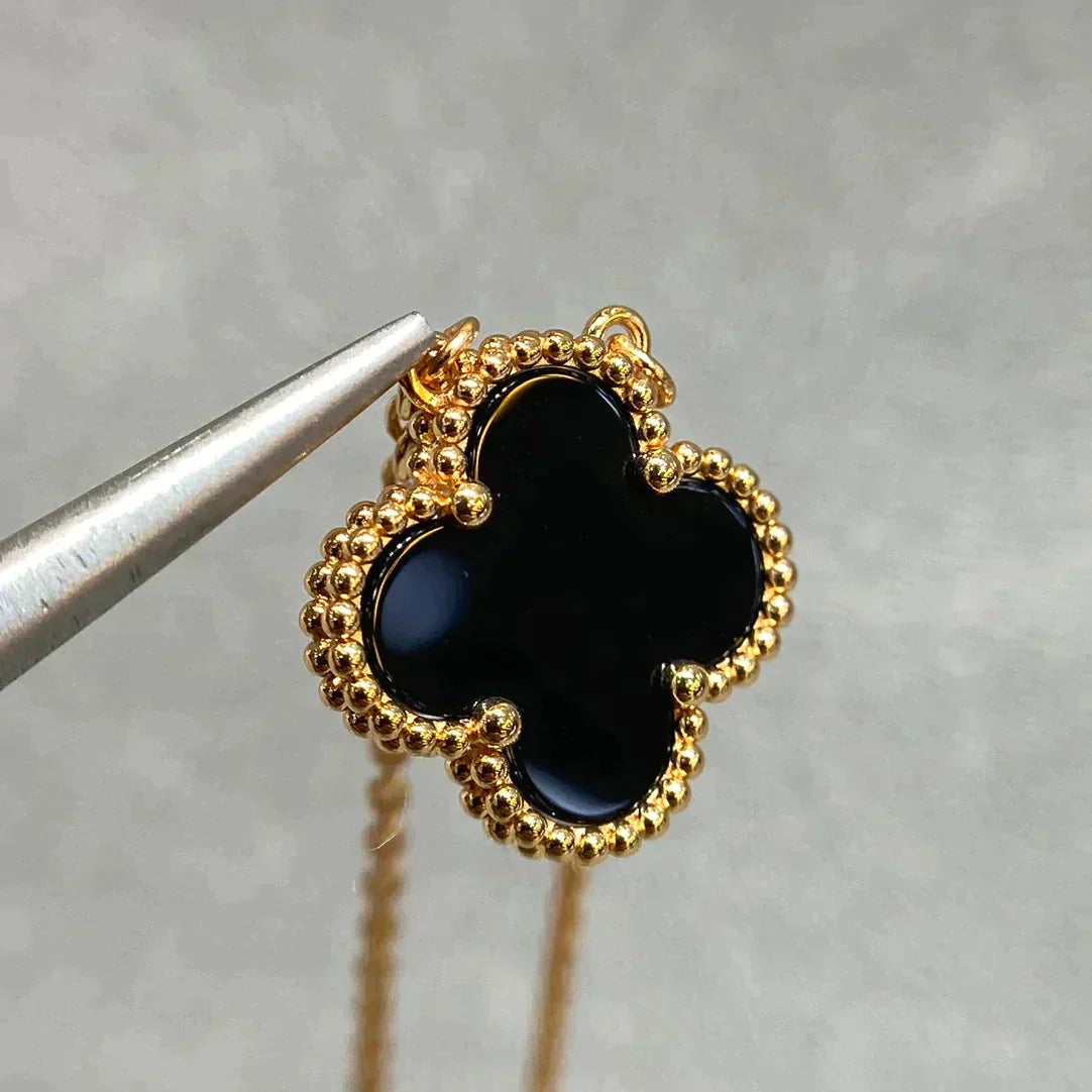 [Basjewels]CLOVER 15MM BLACK ONYX SINGLE FLOWER NECKLACE