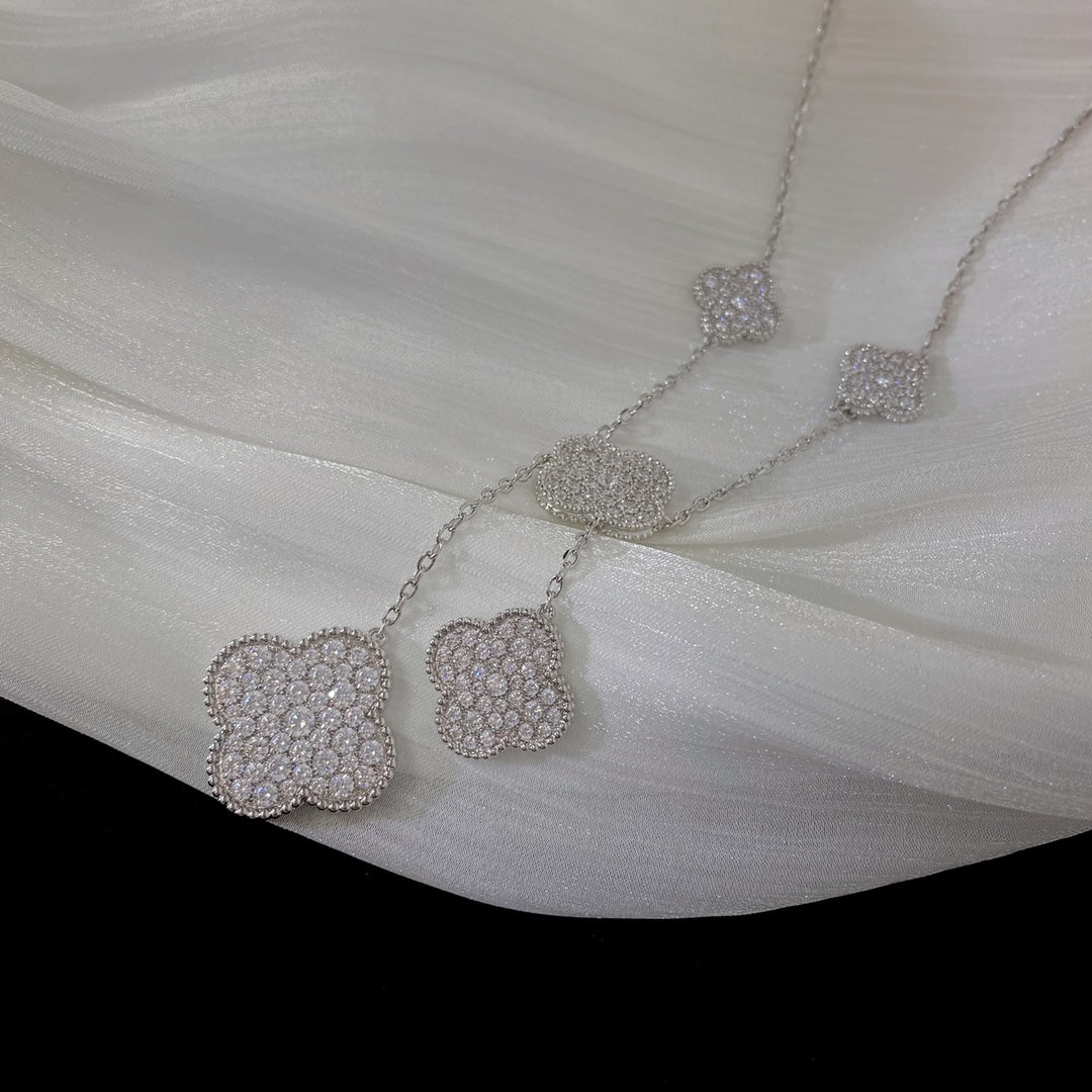 [Basjewels]CLOVER 5 MOTIFS SILVER DIAMONDS NECKLACE