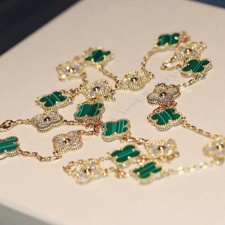 [Basjewels]CLOVER 20 MOTIFS MALACHITE DIAMOND NECKLACE