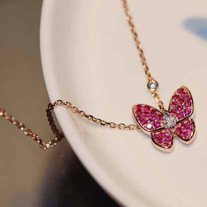 [Basjewels]BUTTERFLY RED DIAMOND ROSE GOLD NECKLACE