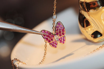 [Basjewels]BUTTERFLY RED DIAMOND ROSE GOLD NECKLACE