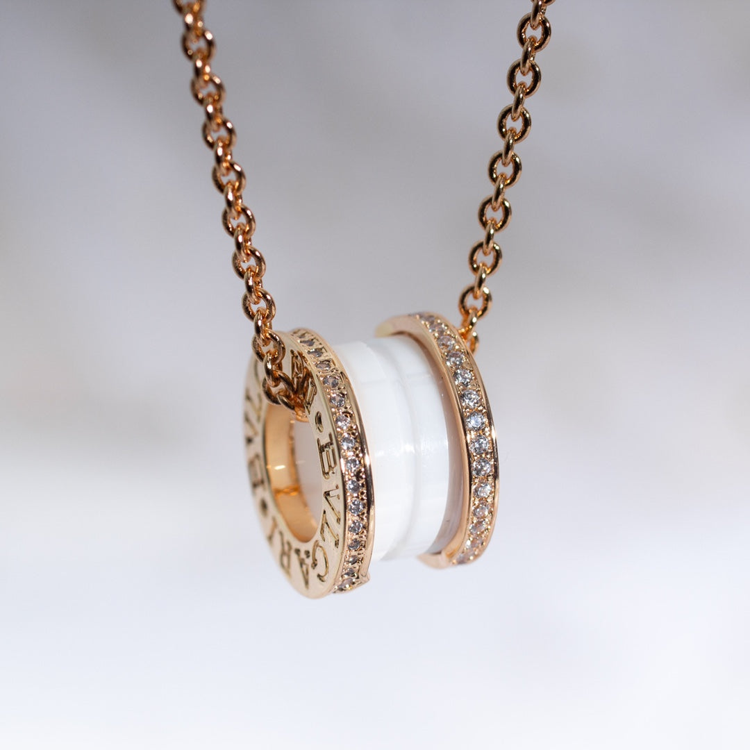 [Basjewels]ZERO 1 WHITE CERAMIC PINK GOLD DIAMOND NECKLACE