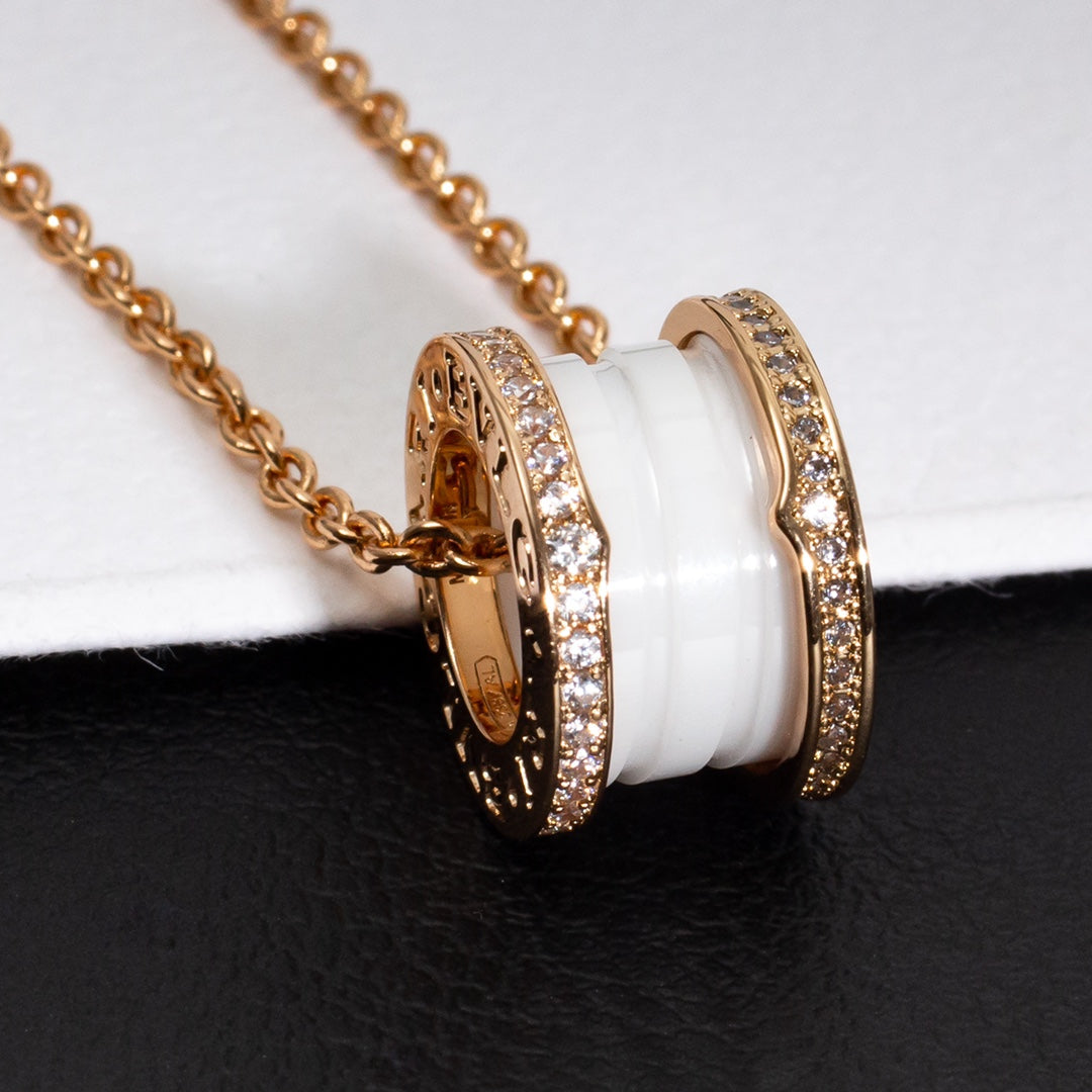 [Basjewels]ZERO 1 WHITE CERAMIC PINK GOLD DIAMOND NECKLACE