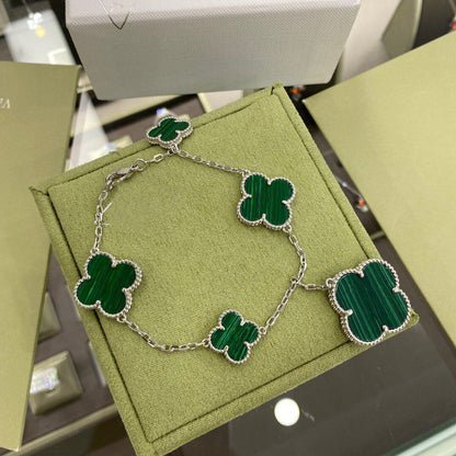 [Basjewels]CLOVER 5 MOTIFS SIVLER MALACHITE BRACELET