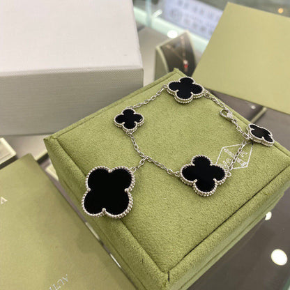 [Basjewels]CLOVER 5 MOTIFS SIVLER ONYX BRACELET