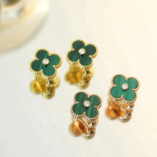 [Basjewels]CLOVER MEDIUM 1 MOTIFS MALACHITE DIAMOND EARRINGS