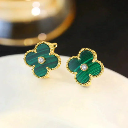 [Basjewels]CLOVER MEDIUM 1 MOTIFS MALACHITE DIAMOND EARRINGS