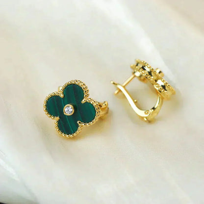 [Basjewels]CLOVER MEDIUM 1 MOTIFS MALACHITE DIAMOND EARRINGS