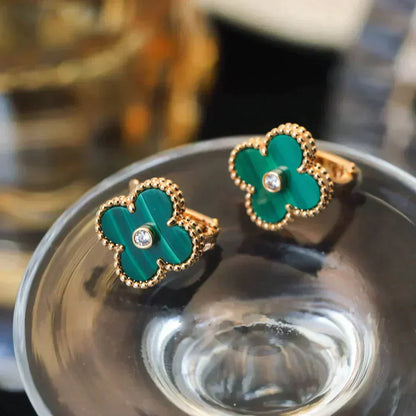 [Basjewels]CLOVER MEDIUM 1 MOTIFS MALACHITE DIAMOND EARRINGS