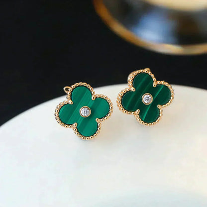 [Basjewels]CLOVER MEDIUM 1 MOTIFS MALACHITE DIAMOND EARRINGS