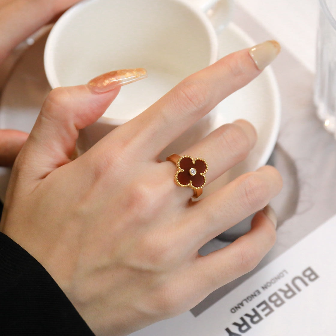 [Basjewels]CLOVER CARNELIAN RING ROSE GOLD DIAMOND