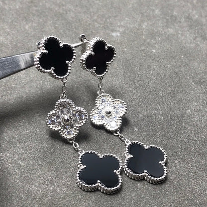 [Basjewels]CLOVER 3 MOTIF DIAMOND ONYX SILVER EARRINGS