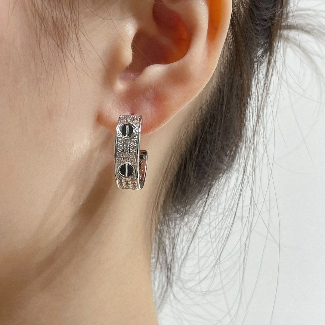 [Basjewels]LOVE CERAMIC DIAMOND PAVED SILVER EARRINGS