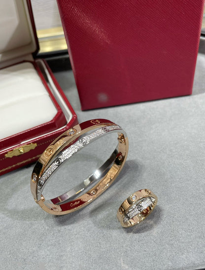 [Basjewels]LOVE PINK GOLD SILVER DIAMOND DOUBLE RING