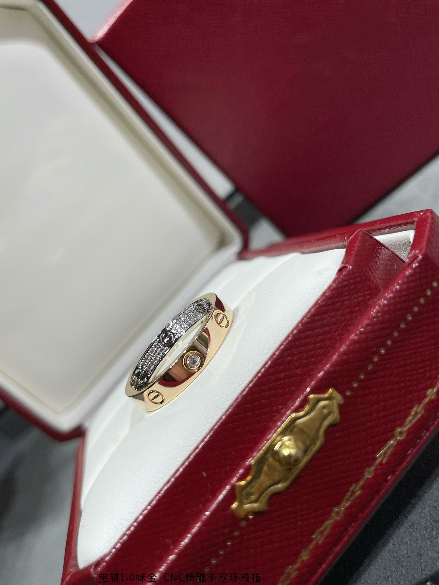 [baslovejewels]LOVE PINK GOLD SILVER DIAMOND DOUBLE RING