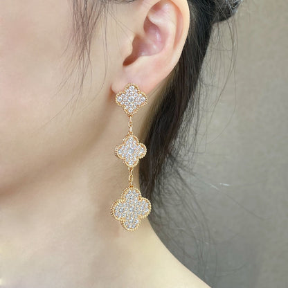 [Basjewels]CLOVER 3 MOTIFS DIAMOND PAVED ROSE GOLD EARRINGS