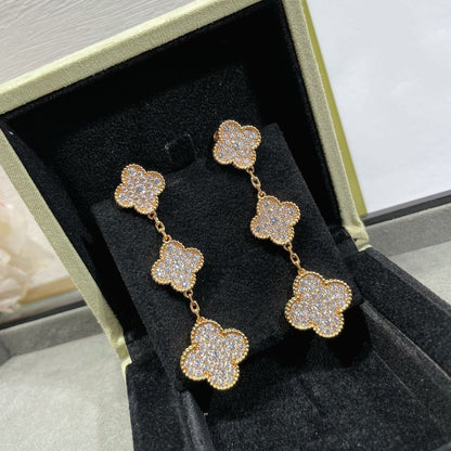 [Basjewels]CLOVER 3 MOTIFS DIAMOND PAVED ROSE GOLD EARRINGS