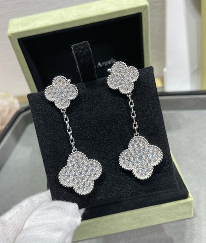 [Basjewels]CLOVER 2 MOTIFS DIAMOND PAVED SILVER EARRINGS