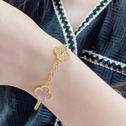 [Basjewels]CLOVER 5 MOTIF DIAMOND PINK MOP PINK GOLD BRACELET