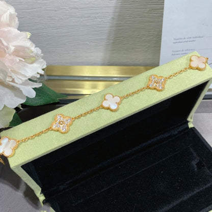 [baslovejewels]CLOVER 5 MOTIF DIAMOND PINK MOP PINK GOLD BRACELET