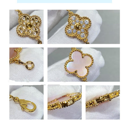 [Basjewels]CLOVER 5 MOTIF DIAMOND PINK MOP PINK GOLD BRACELET