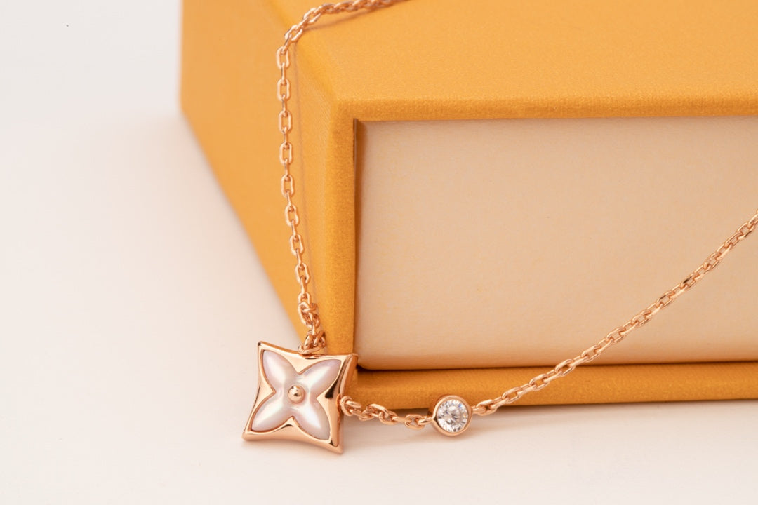 [Basjewels]STAR PINK MOP 1 DIAMOND PINK GOLD NECKLACE